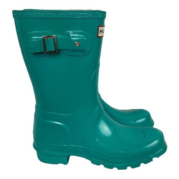 Hunter Womens Rain Boots Blue Round Toe Buckle Platform Heel Pull On 5 M - Picture 3 of 12